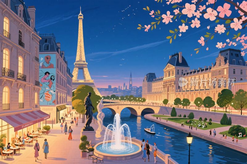 巴黎塞纳河景观插画