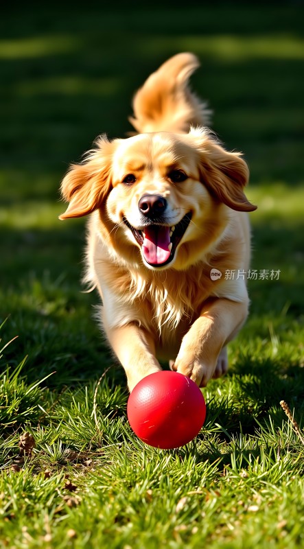 金毛犬快乐奔跑追逐红色球