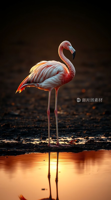 日落下的火烈鸟倒影