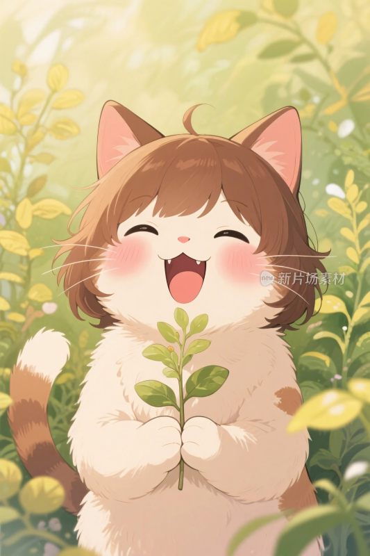 卡通猫咪抱植物插画