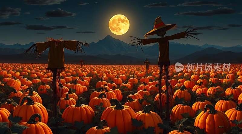 万圣节南瓜地上的稻草人