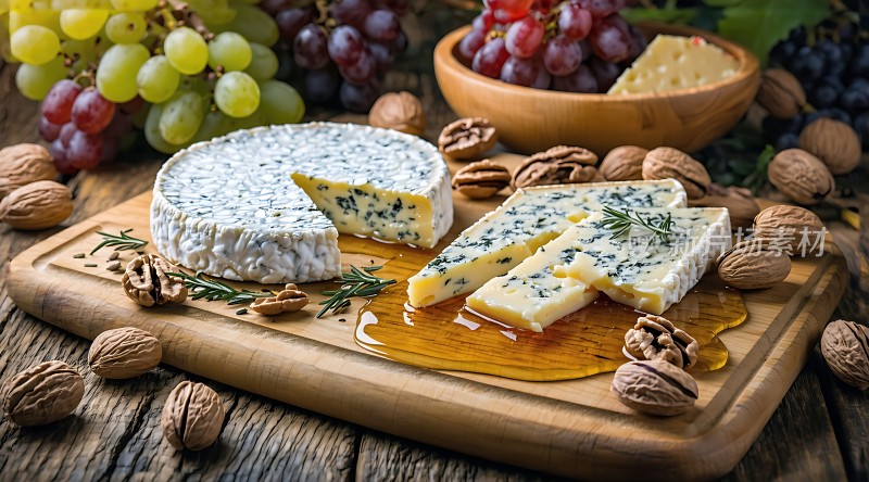 蓝纹奶酪、葡萄和坚果拼盘