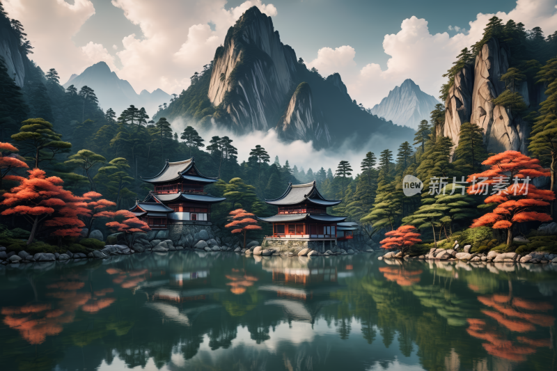 山前树木丛生高清风景插画图片