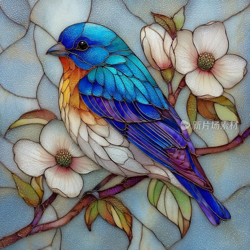 彩羽小鸟栖于繁花枝头