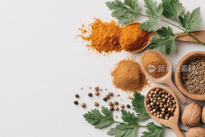 多样香料与草本植物静物图