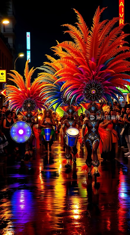 狂欢节之夜色彩斑斓的鼓手队伍