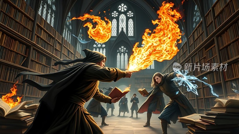 魔法对决火焰与冰霜在图书馆中激战