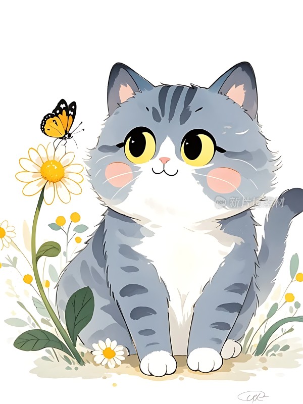小猫与蝴蝶共舞于花丛间