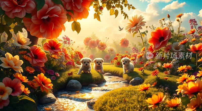 阳光下的花海小狗