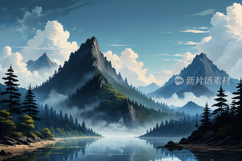 有湖泊和森林山景高清风景插画图片