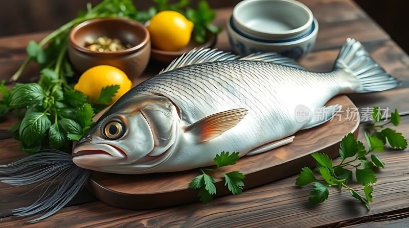 新鲜河鱼配香菜和柠檬