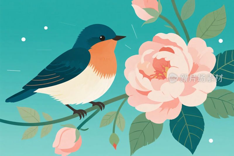 花鸟插画小鸟栖于花枝