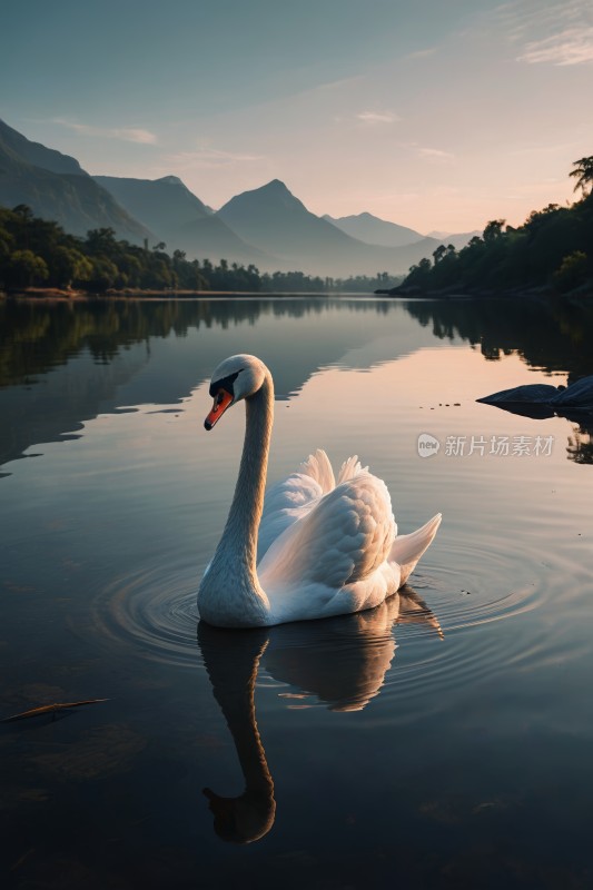 一只白天鹅在湖中游泳湖中山脉高清风景图片