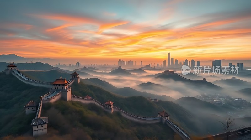 长城日出与现代城市景观的结合展现壮丽与和谐