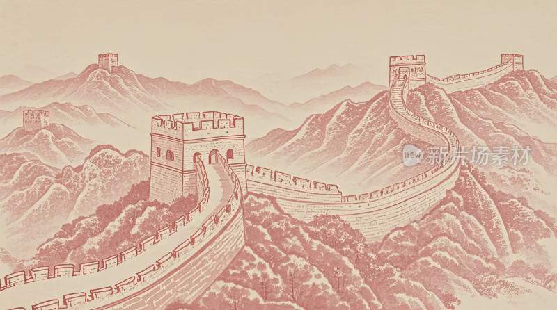 中国风长城建筑山水画国潮插画图