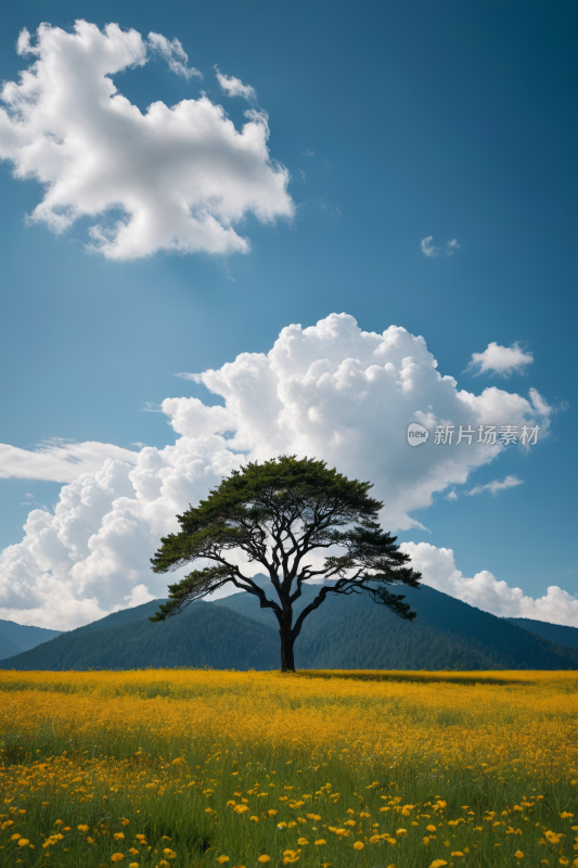 一片黄花田里一棵孤树高清风景图片