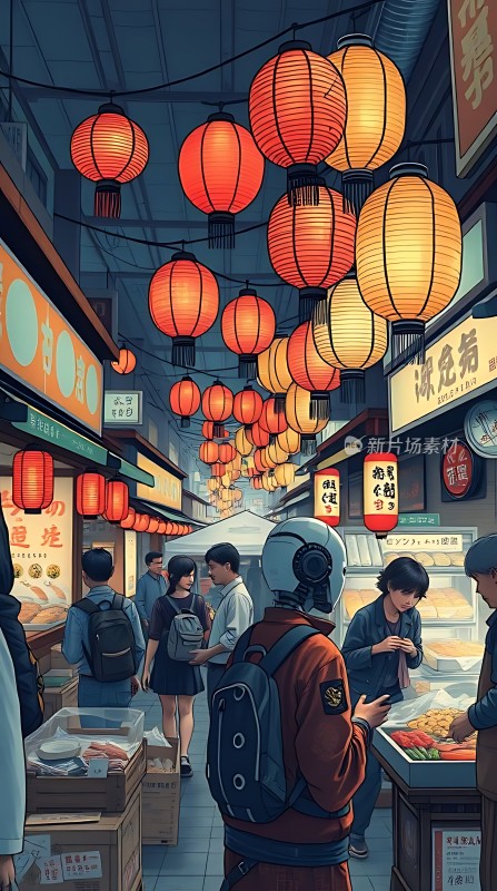 夜市灯笼下的繁华街景