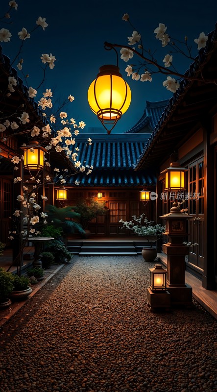 古风庭院夜色灯笼白花