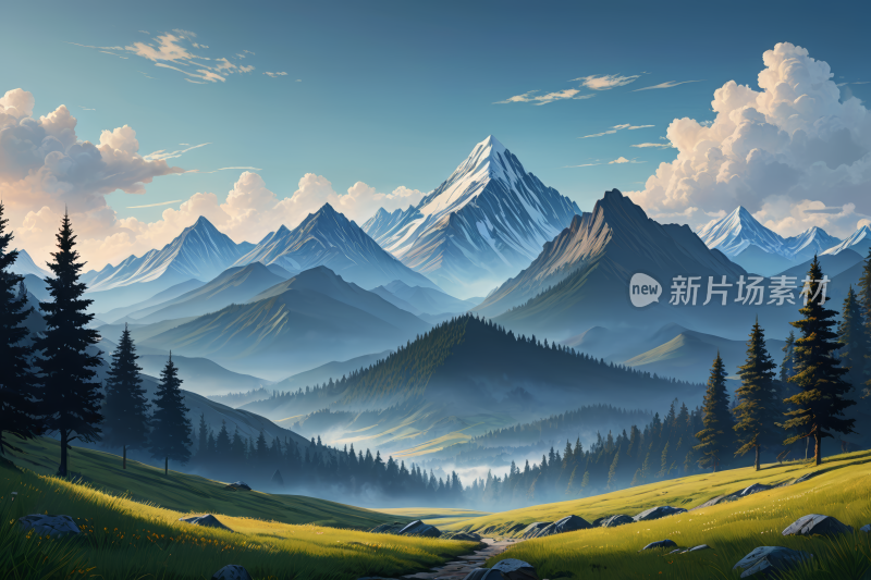 山景溪流从中流过高清风景插画图片