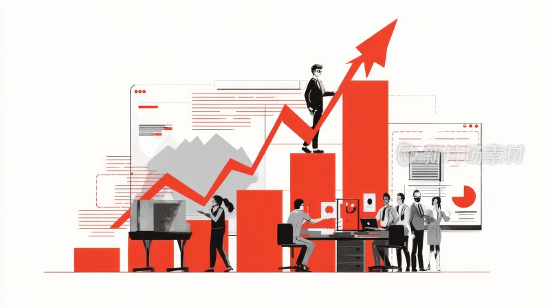 业绩攀升，商业职场白领团队合作，插画设计