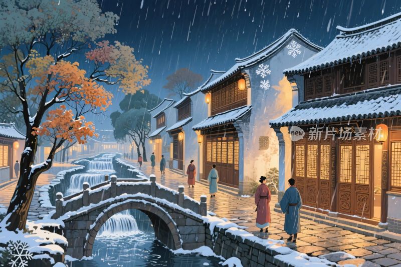 冬季古街雪景插画