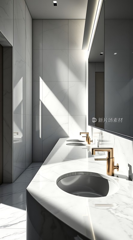 现代浴室设计大理石洗手台与金色水龙头