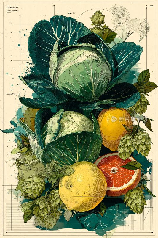 插画风格蔬菜水果组合画面