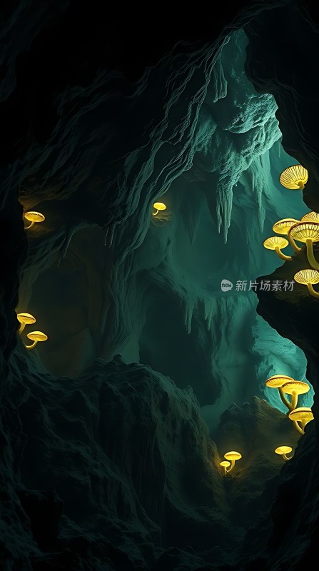 神秘洞穴中的发光蘑菇