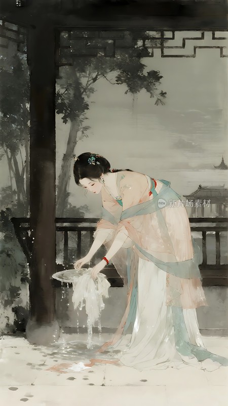 汉服佳人浣纱图