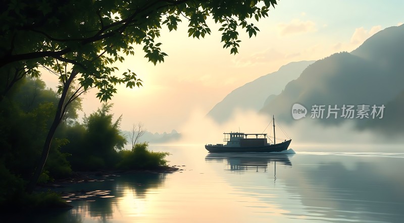 晨雾中的湖面小船