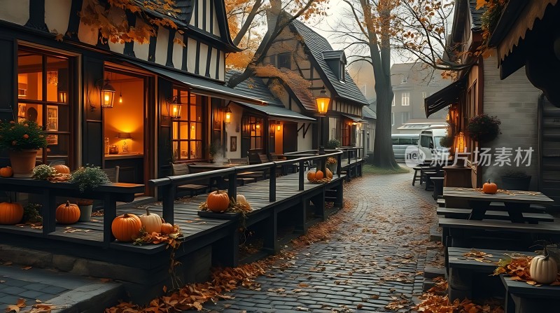 秋日小镇温馨街景