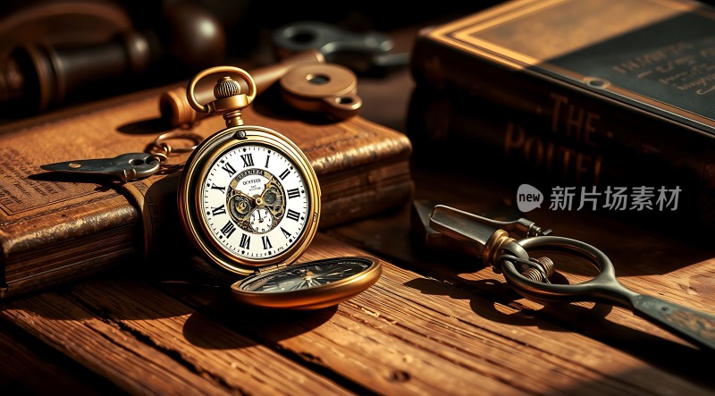 古铜怀表与书籍