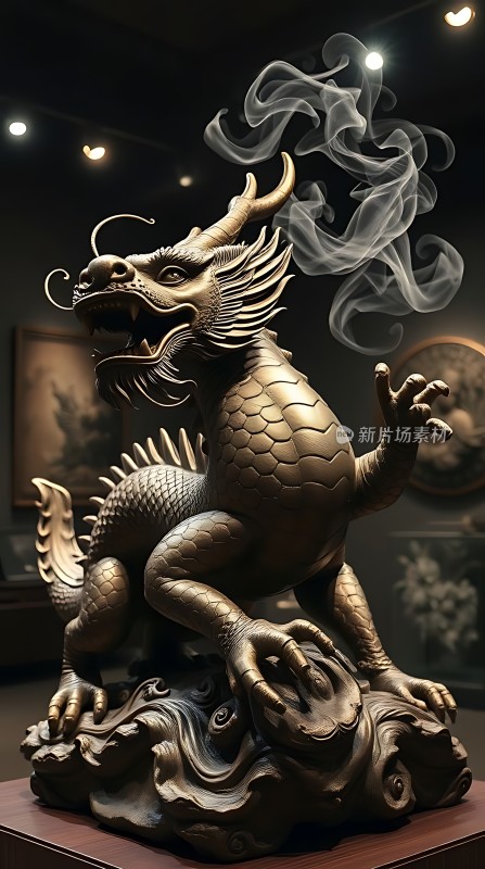 金光闪闪龙雕塑云雾缭绕显神秘