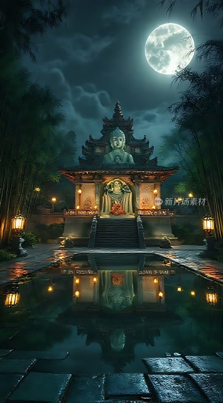 禅意古寺夜月映湖光