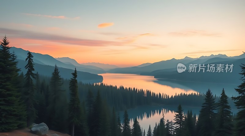 湖光山色映夕阳静谧美景入眼帘