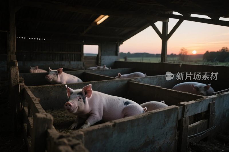 猪圈猪群与暮色