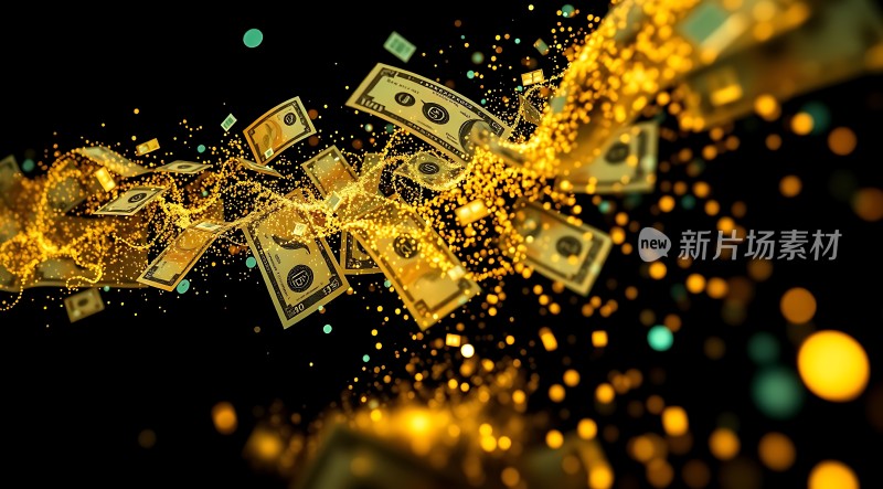 金钱风暴美元纸币与金色粒子交织