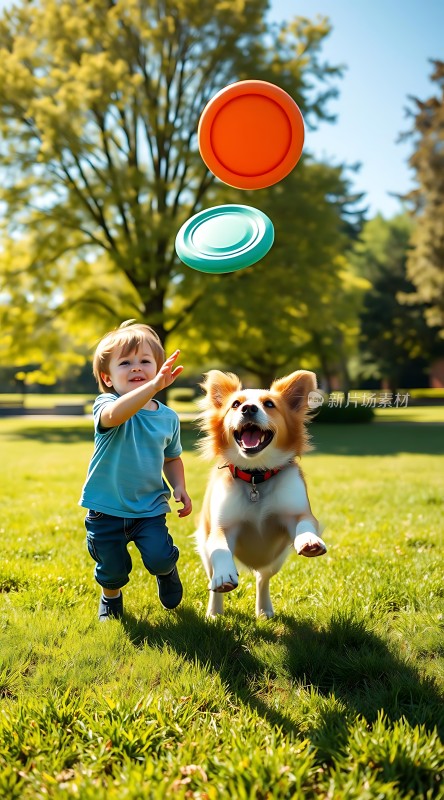 蓝天下的欢乐时光小男孩和狗狗一起玩飞盘