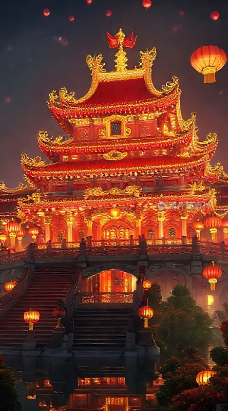 夜幕下的东方神殿金碧辉煌灯笼高悬宛如仙境