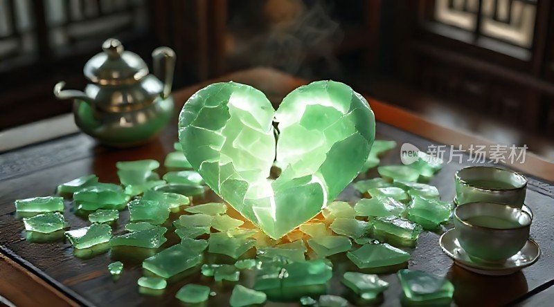 破碎的心形玻璃与茶具