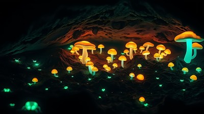 神秘洞穴中的荧光蘑菇世界