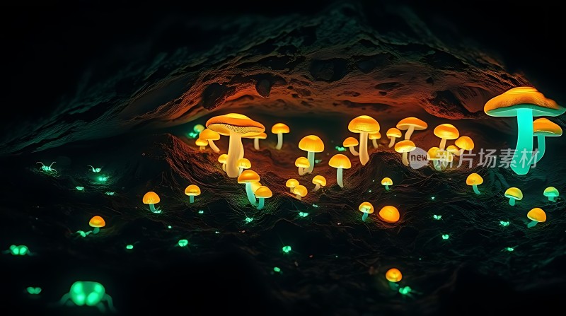 神秘洞穴中的荧光蘑菇世界