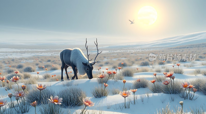 雪原上的鹿与花