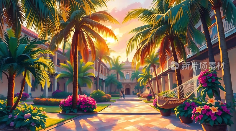 阳光下的热带风情庭院