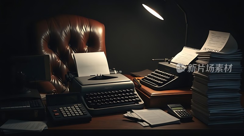 复古办公场景经典打字机与文件堆叠
