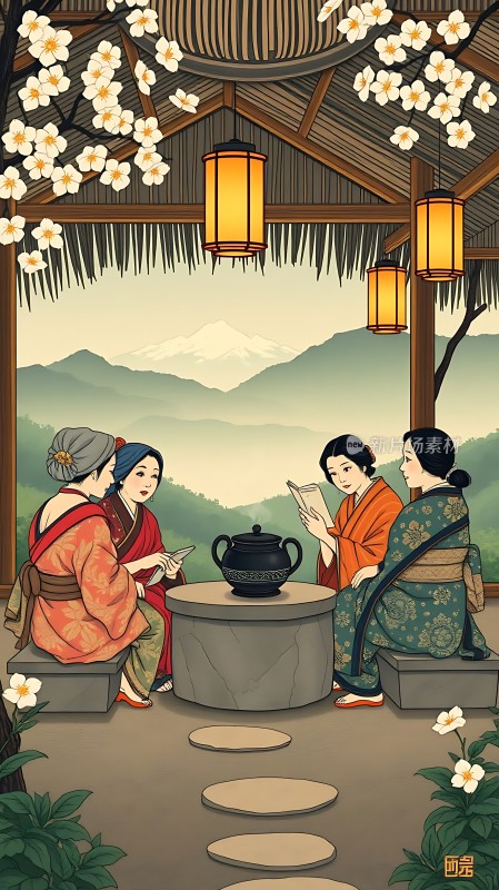 茶道雅集花下品茗论书