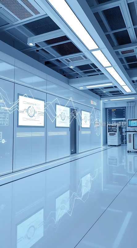 科技感十足的实验室走廊未来主义风格的设计墙面上的数据图表和设备