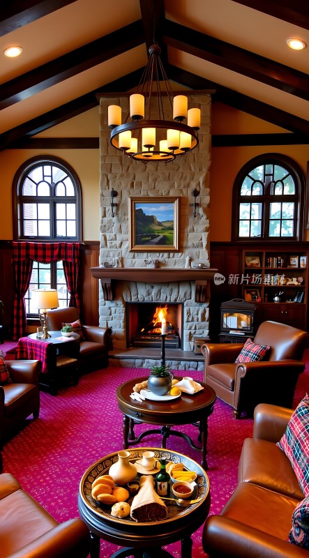 温馨壁炉客厅舒适沙发与精美装饰品