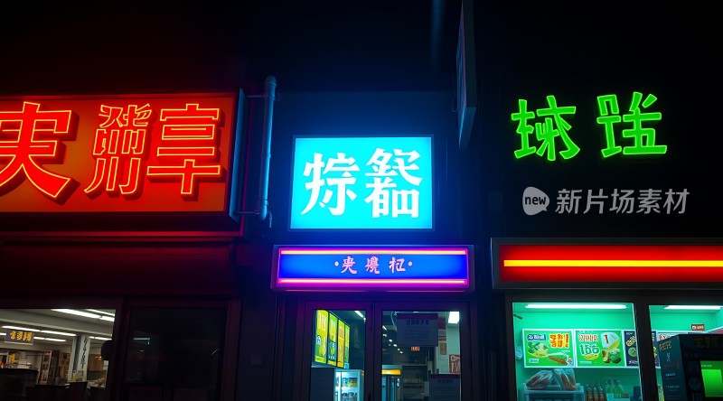 夜幕下的繁华街景三家店铺的霓虹招牌