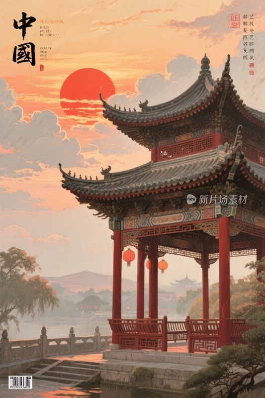 古亭夕阳中国风插画
